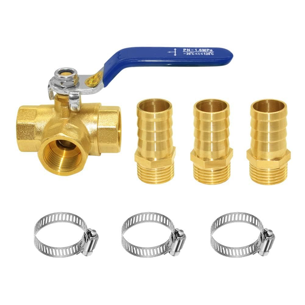 Joywayus 3 Way (T-Port) Shut Off 1/2"G Thread Ball Valve with 3/4" Hose Barb Lever Handle Brass Fitting One Switch