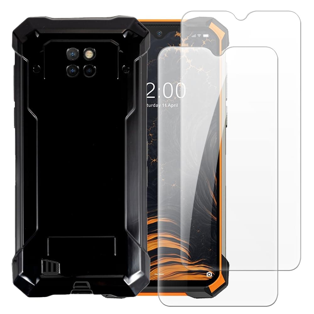 Case with 2 Pack Screen Protector Combo Compatible with Doogee S88 Plus, Shockproof Cover and Tempered Glass Set for Full Body Safety(Black)