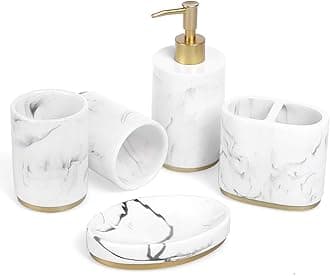 Haturi Bathroom Accessories Set, 5 Piece Resin Bathroom Sink Set, Toothbrush Holder, Liquid Soap Dispenser, Soap Dish, 2 Tumblers White