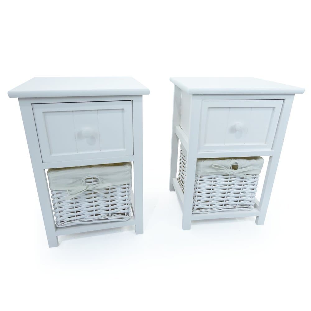 Pair Nursery/Bathroom/Bedside Table Cabinet with Drawer + Wicker Storage Baskets (White)