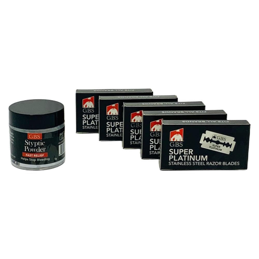 G.B.S Double Edge Blades for Double Edge, Safety and Shavette Razors - 50 Blades and Styptic Powder Jar stop shaving nicks and bleeding