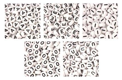 Plastic White 7mm Round Alphabet Beads, Vowels A, E, I, O, U, Total 240 Beads