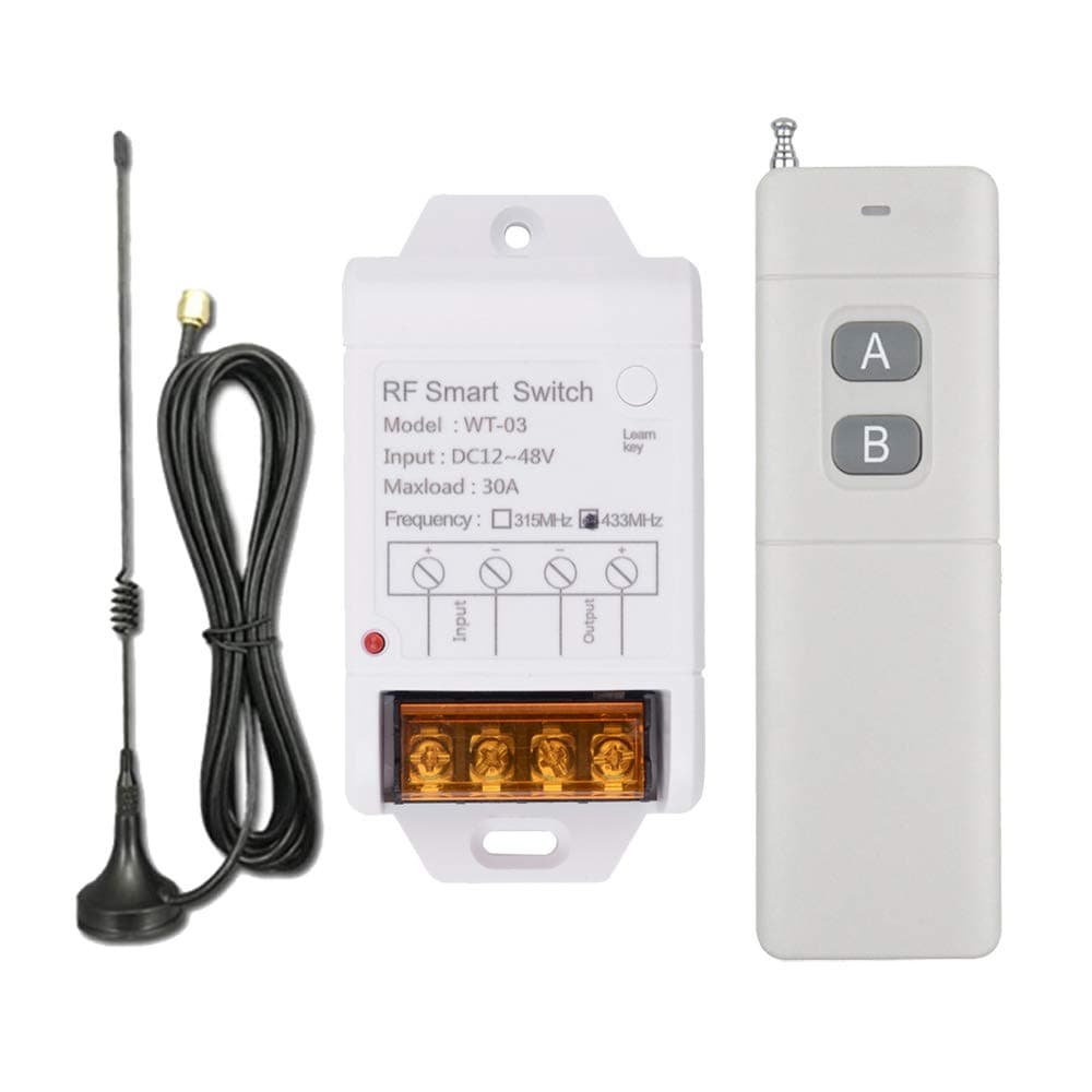 6000 ft Long Distance DC12V 24V 36V 48V Remote Control Switch 433Mhz Remote Transmitter, 12V 30A Remote Relay High Power Water Pump Motor Lighting Industrial Wireless Control Relay