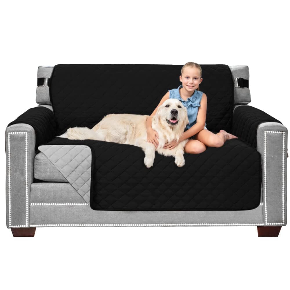 Sofa Shield Loveseat Slip Cover with Patented Strap, Cushion Protector, Reversible Stain and Dog Tear Resistant Slipcover, Quilted Microfiber 54in Seat, Washable Covers for Dogs Pets Kids, Black Gray