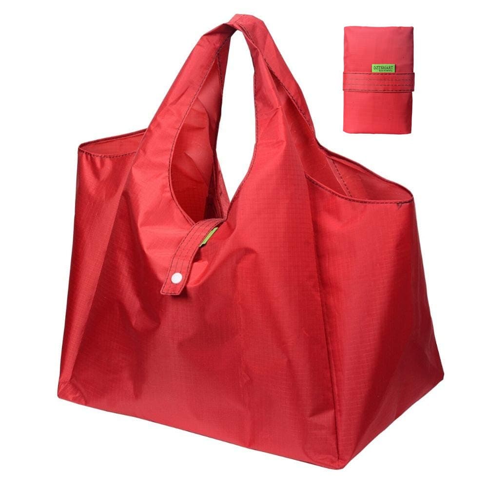 DZTSMART Reusable Folding Shopping Bag, Eco-friendly Polyester Foldable Grocery Tote or Waterproof Lunch Bag, Heavy Duty Washable Carry Vegetable Bag (Red, Large)