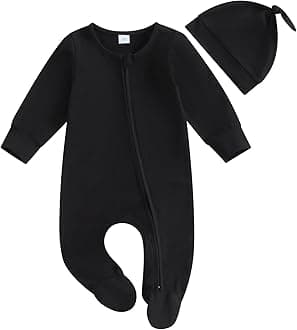 Newborn Baby Girl Boy Clothes Infant Long Sleeve Soild Footed Romper Zipper Footie Jumpsuit With Hat Fall Outfit