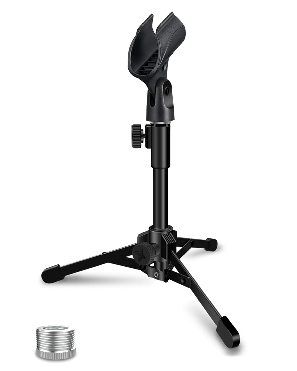 - Desktop Mic Stand Portable Foldable Tripod with Mic Clip Holder and 5/8" Male to 3/8" Female Screw Adjustable Microphone Stand.
