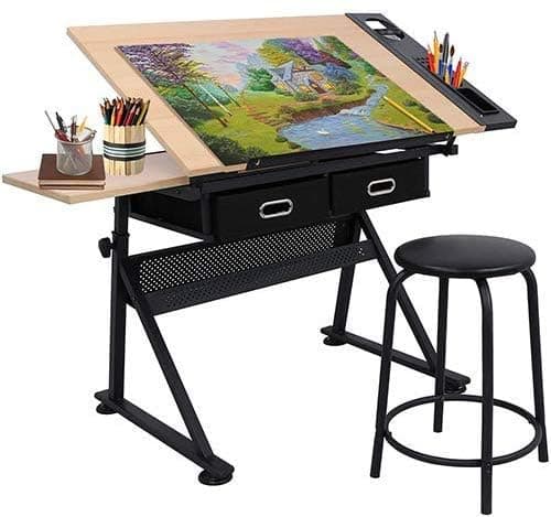 MDF Drafting Draft Table Art & Craft Drawing Desk Folding Adjustable Craft Table w/Stool and 3 Storage Drawers (#3)
