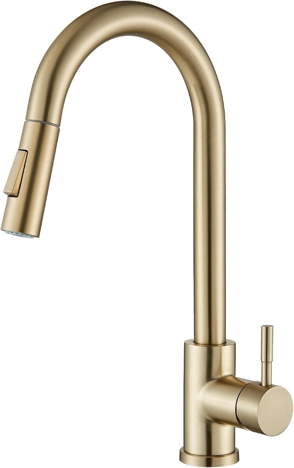 Suguword Brushed Gold Kitchen Tap, Pull Down Sprayer Tap with High Arc Spout, Single Handle Stainless Steel Mixer Tap, Dual Function Spray Head