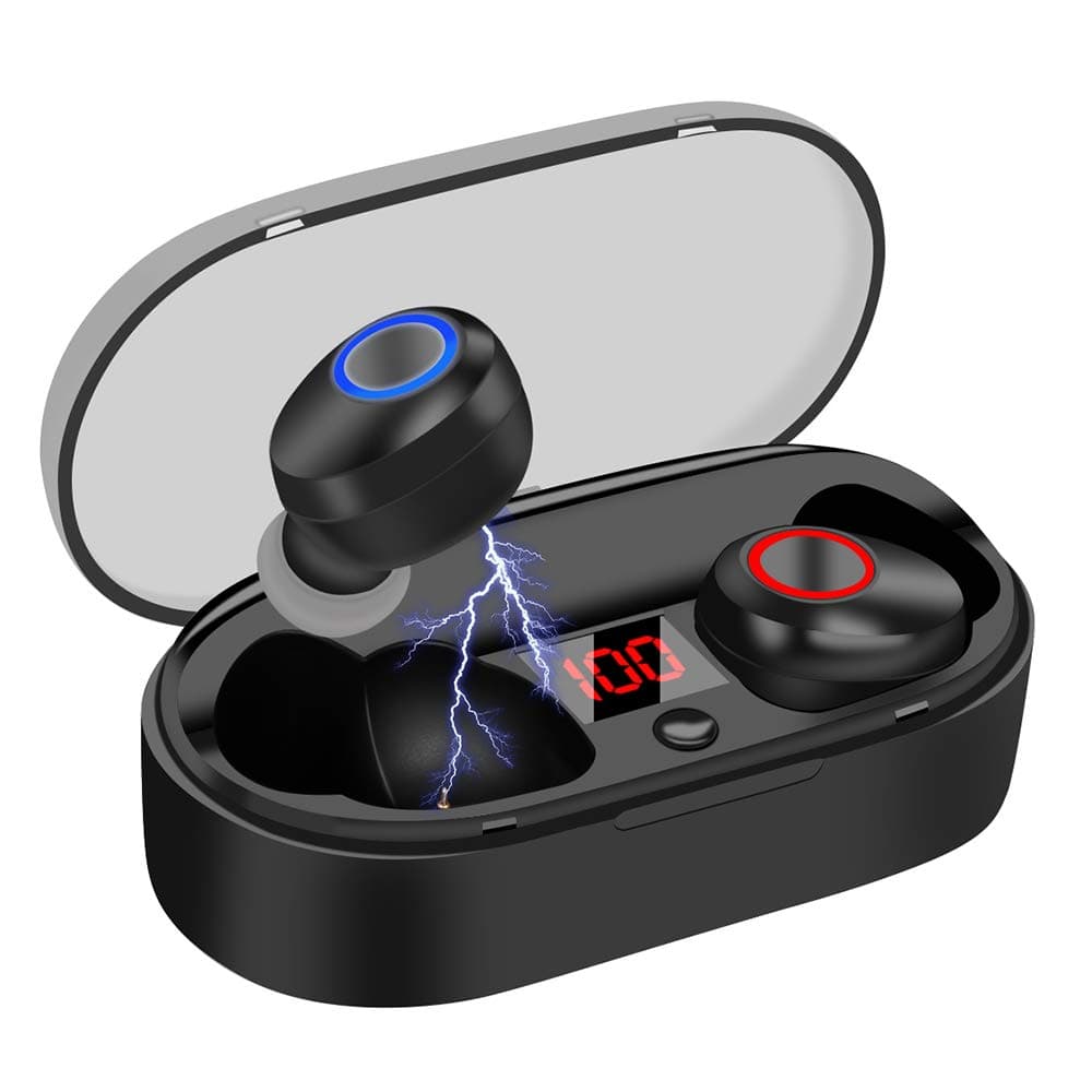 HEMRLY True Wireless Earbuds 16H Playtime, Sweatproof Bluetooth 5.0 Headphones, Mini Dual Earbuds HD Mic Volume Control, Noise Cancelling Stereo Sound Inear Earphones Auto-off in Charging Case (Black)