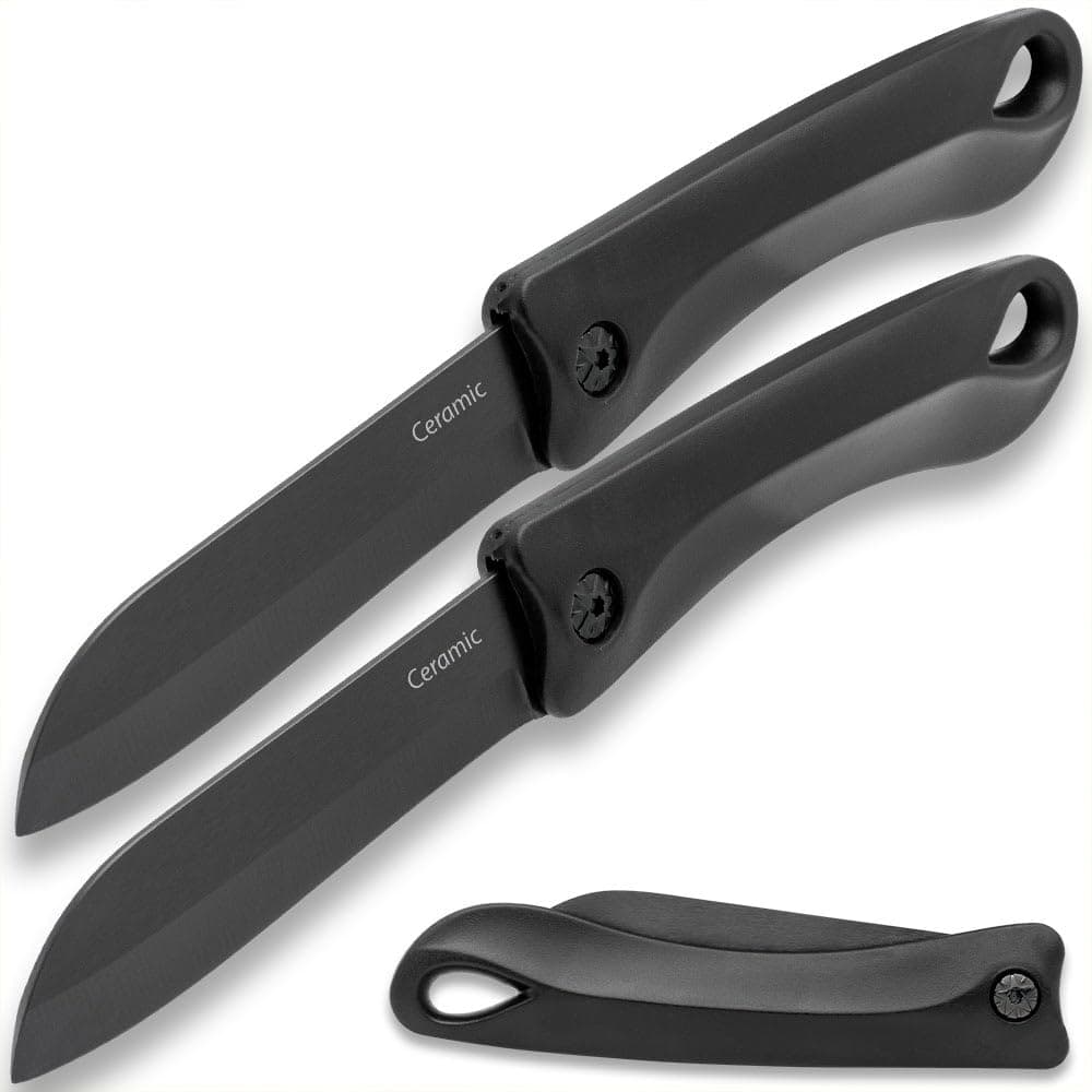BUDK Ceramic Blade Pocket Knife Two-Pack | Non-Reflective Black Finish | TPU Handle | Ringed Pommel | Manual Opening Mechanism | 3 1/10" Blade | 7 2/5" Overall Length