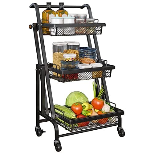 Amoilly3 Tier Metal Rolling Cart, Removable Multi-Function Storage Trolley, Foldable Organizer Cart for Kitchen/Bathroom/Laundry/Office (Black)