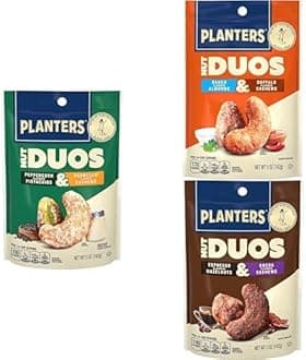 PLANTERS Nut Duos Bundle, Flavored Nuts, Snacks Variety Pack - Peppercorn Pistachios & Parmesan Cashews + Ranch Almonds & Buffalo Cashews + Cocoa and Espresso Hazelnuts