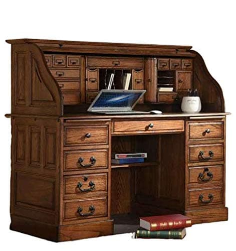 Roll Top Desk Solid Oak Wood - 54 Inch Deluxe Executive Rolltop Desk Burnished Walnut Stain for Home Office Secretary Organizer Roll Hutch Top Easy Assembly Quality Crafted Construction