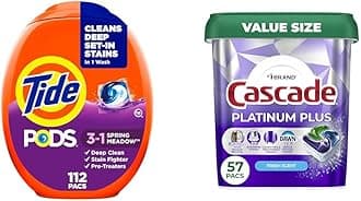 Bundle of Tide PODS Laundry Detergent Pacs, Spring Meadow Scent, 112 Count, Stain Remover & Color Protector + Cascade Platinum Plus Dishwasher Pods, Fresh Scent, 57 Count