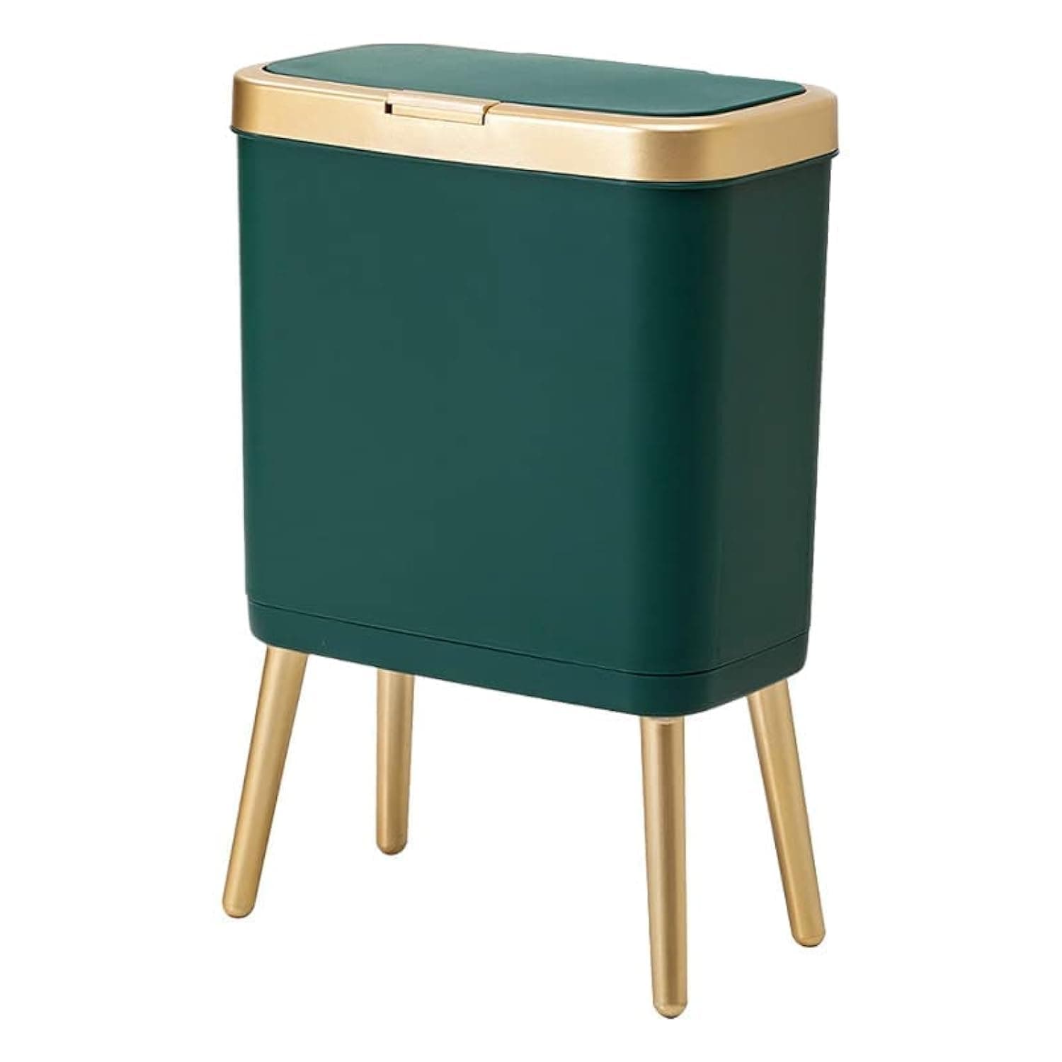 Kitchen Small Trash Can with Lid,Slim Bathroom Garbage Can with Lid, Dog Proof Trash Can with Push Button,Narrow Garbage Bin Waste Basket for Bedroom,Living Room, Toilet,Office, 4 Gal-Gold Edge