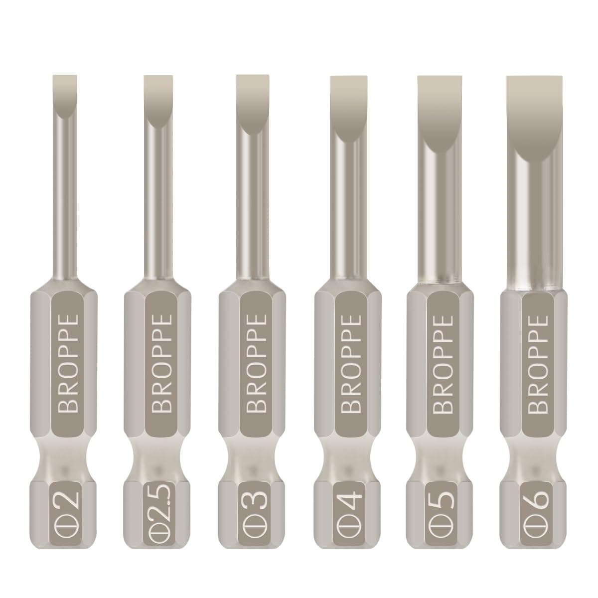 6 Pcs Slotted Screwdriver Bit Set Magnetic Flat Head Bits 2.0-6.0mm 1/4 Inch Hex Shank 2 Inch Long