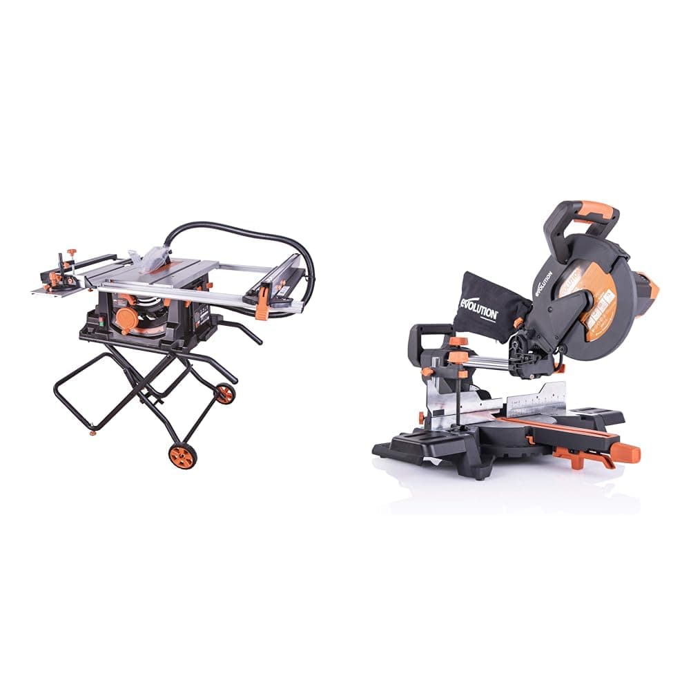 Evolution Power Tools Rage 5-S Table Saw, Portable & Multi-Purpose, R255SMS+ PLUS 10-Inch Sliding Miter Saw for Multi-Material Cutting