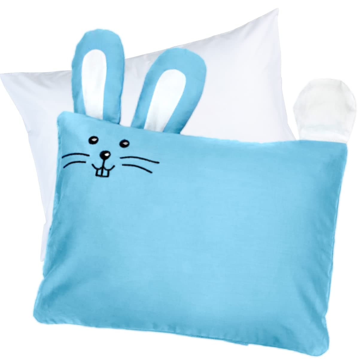 kinder Fluff Toddler Pillow with Pillowcase Blue Bunny Design - 33x46cm Durable, Hypoallergenic & Machine Washable with Envelope Closure. Perfect for Toddler Cot, Kids Bed Set, Infant & Travel - Blue