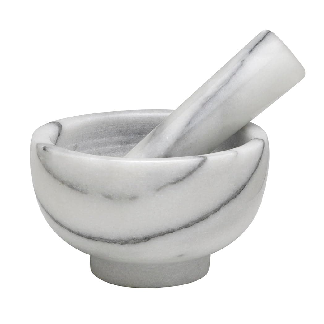 HIC Kitchen Mortar and Pestle Set, Solid Carrara Marble, 3.8-Inch, Spice Herb Grinder, Pill Crusher, Nut Butter Maker