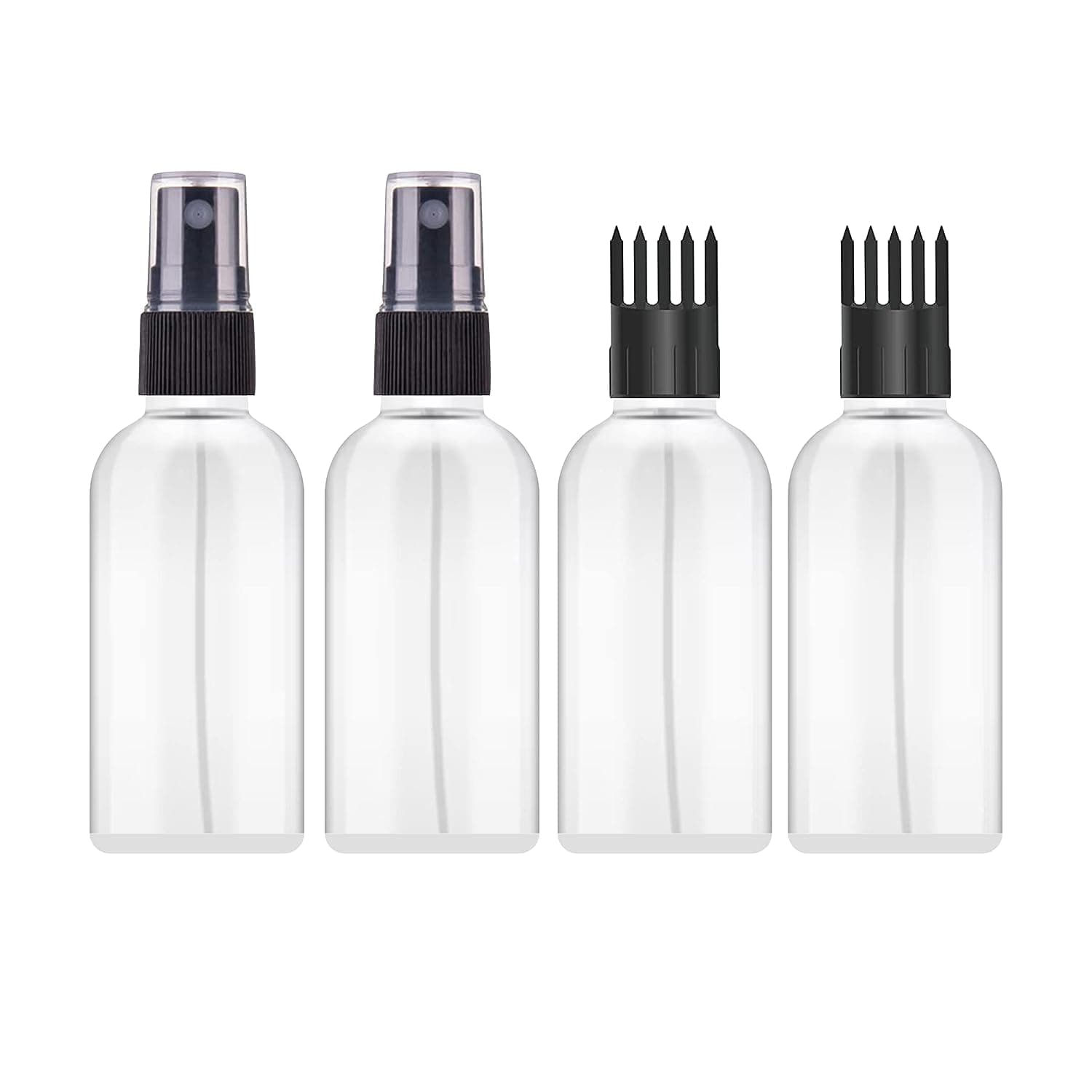 Ikis 100Ml Hair Root Applicator Bottle With Comb Cap & Fine Mist Spray For Hair Oil, Medicines & Beauty Products, With Flip Top Cap|Refillable, Reusable, Multipurpose (Set Of 2+2) - Transparent