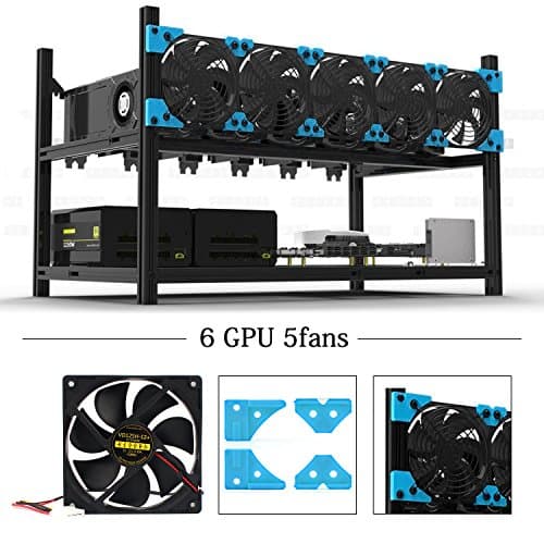 6 GPU Miner Case with 5 Fans Aluminum Stackable Mining Case Rig Open Air Frame for Ethereum(ETH)/ETC/ZCash/Monero/BTC Excellent air Convection Design (Blue 6GPU Frame with 5 Fans) New