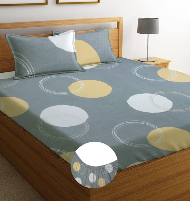 BSB HOME Premium Cotton Elastic Fitted Bedsheets with 2 King Size Pillow Covers | Double Bed with All Around Elastic 180 TC Supersoft | (72"x78",Grey & White)