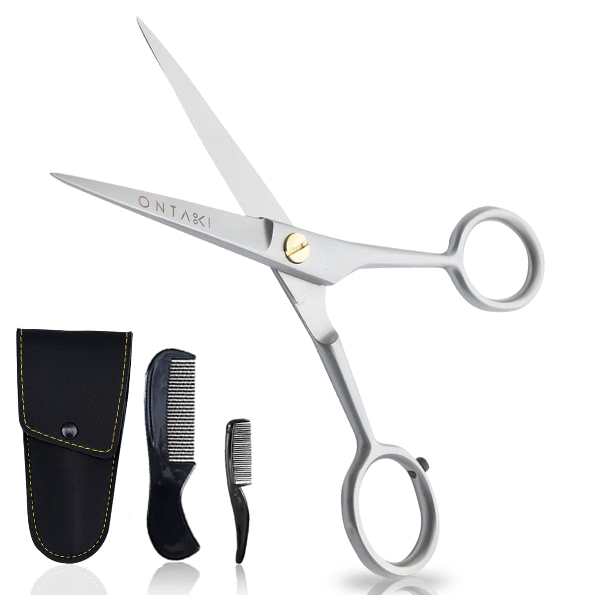 Beard & Mustache Trimming Scissors - 5-Inch, Silver, Pack of 1 - Mustache Care Kit with Travel Comb - Compact Travel Pouch & Grooming Kit - 410C German Steel Durability & Beard Scissors