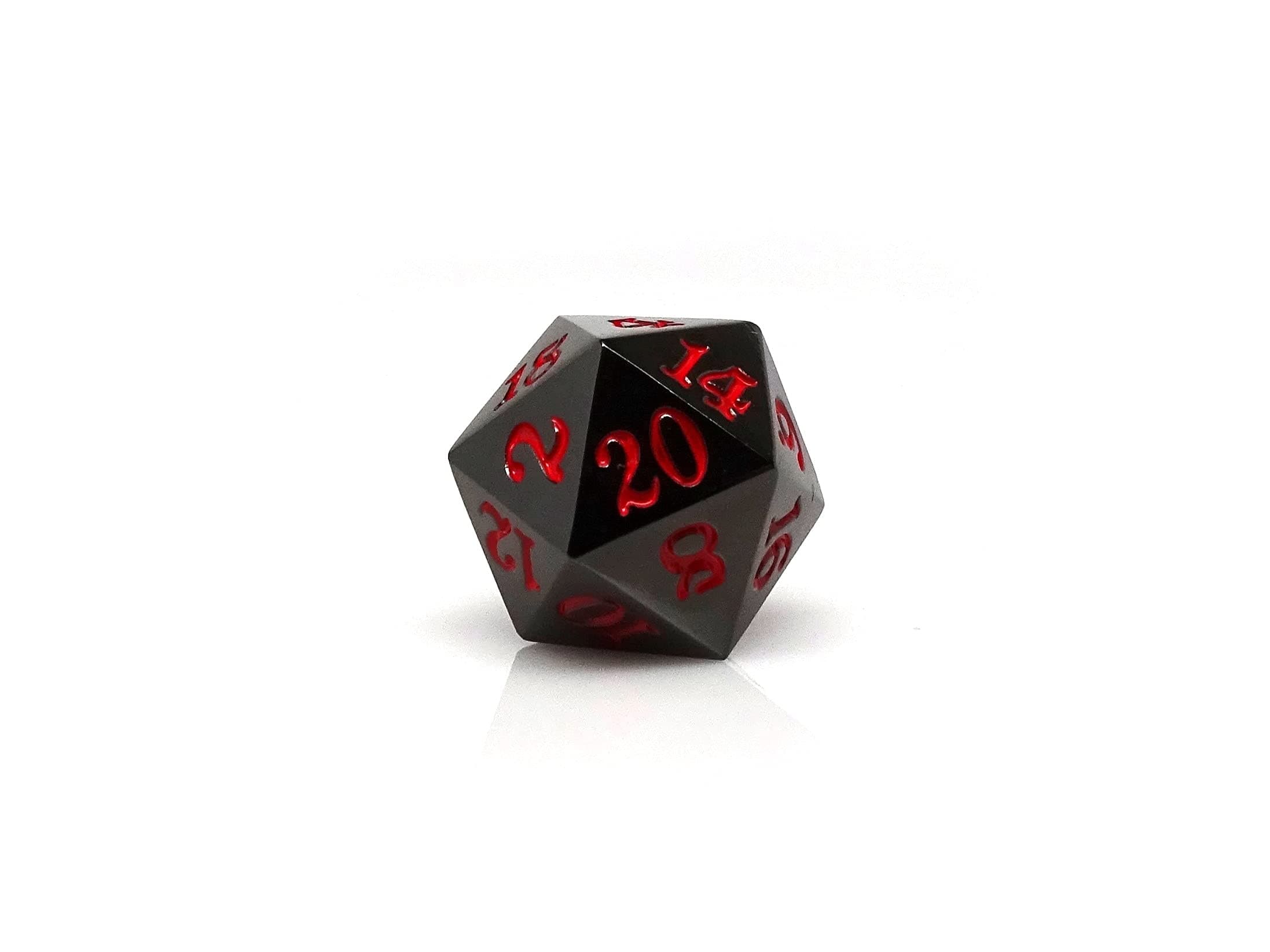 Metal D20 Single Dice - Gun Metal Design - Solid Metal Construction - Signature Font (Red)
