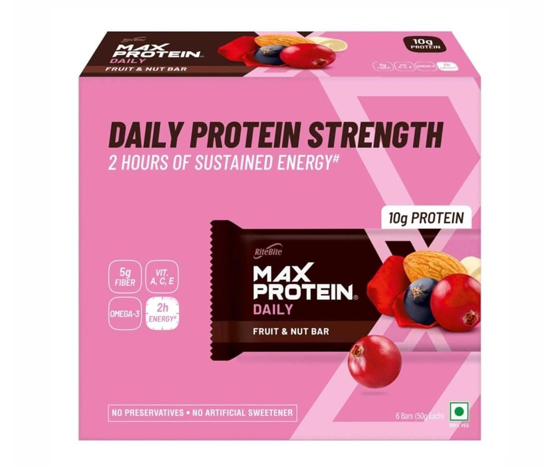 RiteBite Max Protein Daily Fruit & Nut 10g Protein Bars [Pack of 6] Protein Blend, Fiber, Vitamins A,C,E, No Preservatives, 100% Veg, For Energy, Fitness & Immunity - 300g