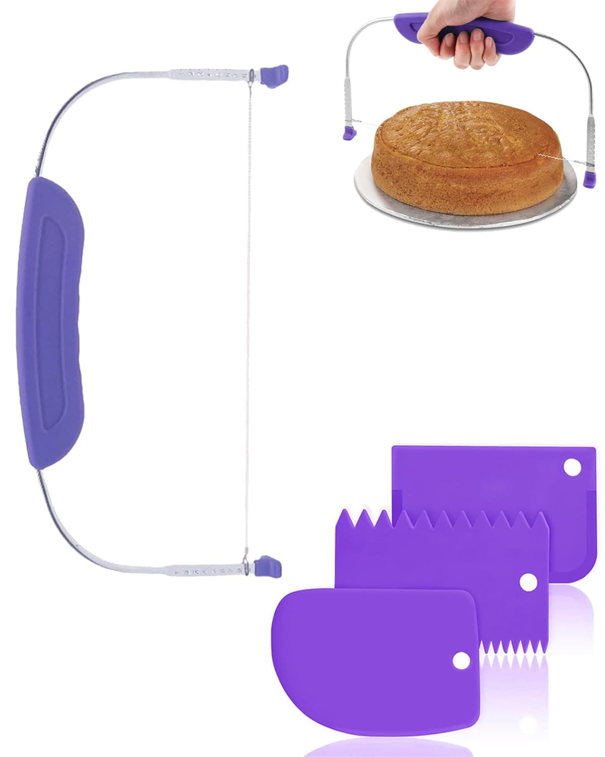4PCS Cake Cutter Slicer Tool, Cake Slicer, Adjustable Small Cake Leveler Cutter Slicer with Stainless Steel Wires and Purple Handle for Professional Baking Tools