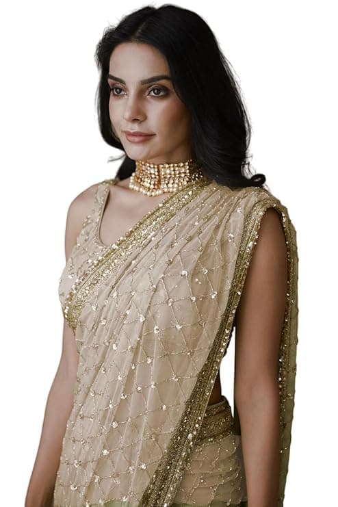 VAIRAGEE Women Soft Net Silk Jari Square Shape Embroidery & Sequence Work Saree With Unstiched Blouse(6097)