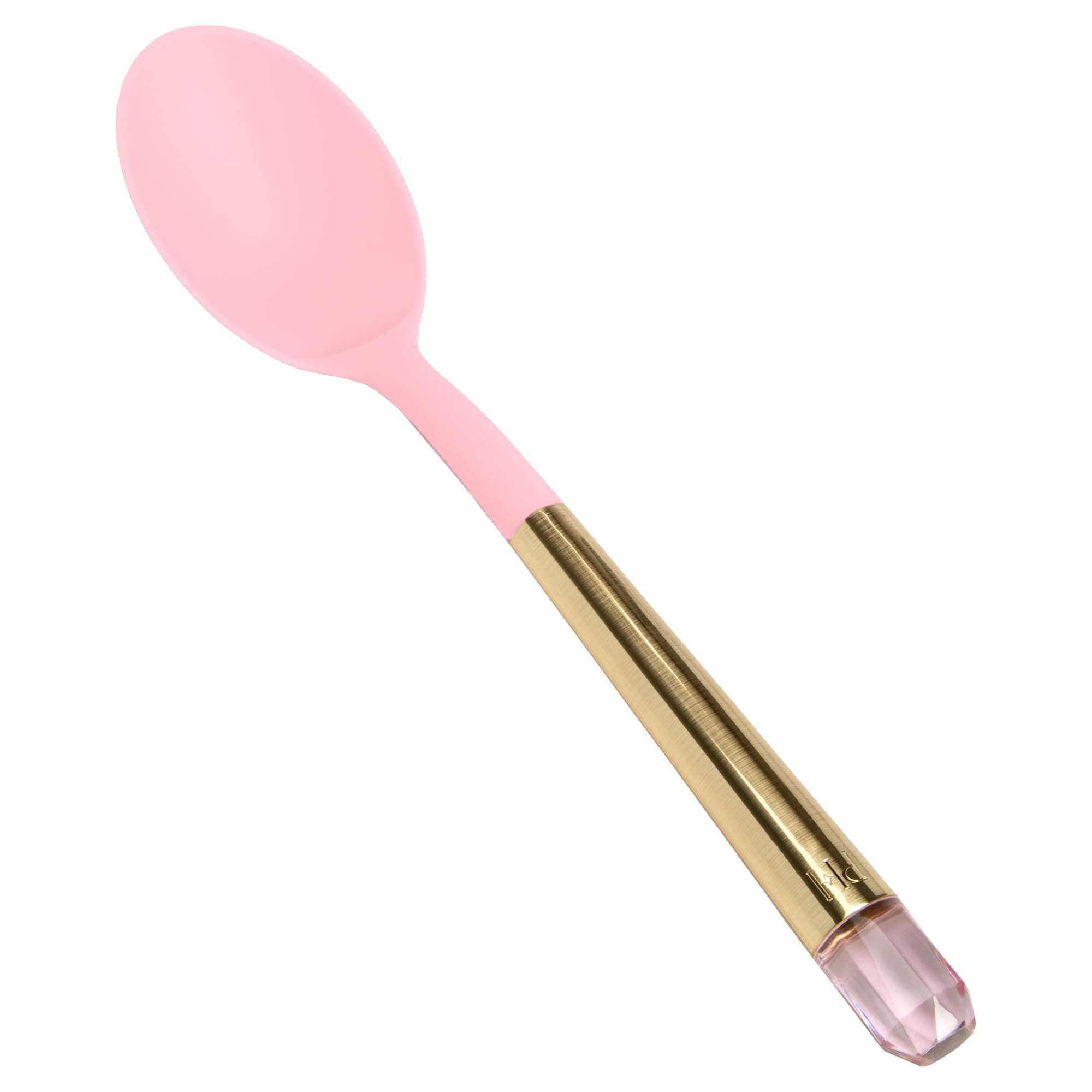 Paris Hilton Solid Spoon with Pink Jewel Shaped Handle, Heat-Resistant up to 400°F, Dishwasher Safe Kitchen Tools and Utensil, Pink and Gold