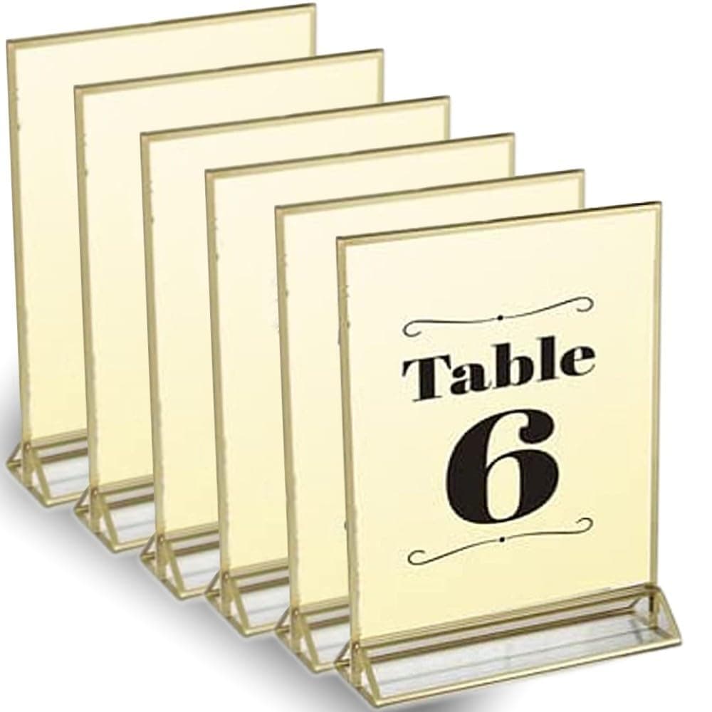 Super Star Quality Clear Acrylic 2 Sided Frames with 3MM Gold Borders and Vertical Stand (4x6 6 pack) | Ideal for Wedding Table Number, Double Sided Sign, Clear Photos, Menu Holders