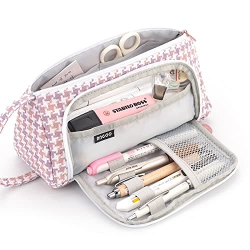 EASTHILL Big Capacity Pencil Case Canvas High Large Storage Pouch Marker Pen Case Simple Stationery Bag School College Office Organizer for Teens Girls Adults Student-Plaid Pink