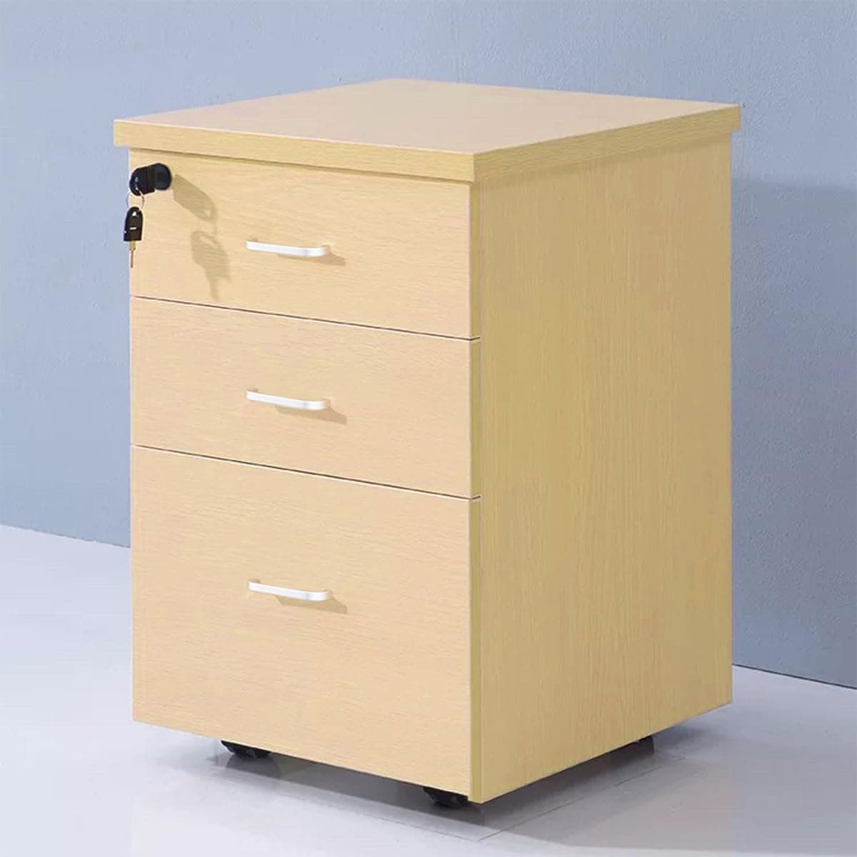 ALLSOLA Mobile File Cabinet with 3 Drawers, Lockable Storage Unit Wooden Rolling Office Filing Cabinet with Wheels, Durable Storage Cabinet for Legal/Letter/A4 Sized Documents Home Office (Oak Color)