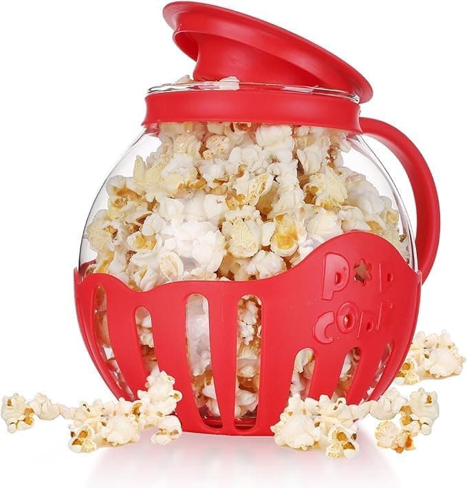 URBANMAC Patented Micro-Pop Microwave Popcorn Popper with Temperature Safe Glass, 3-in-1 Lid Measures Kernels and Melts Butter, Made Without BPA, Dishwasher Safe (RED)