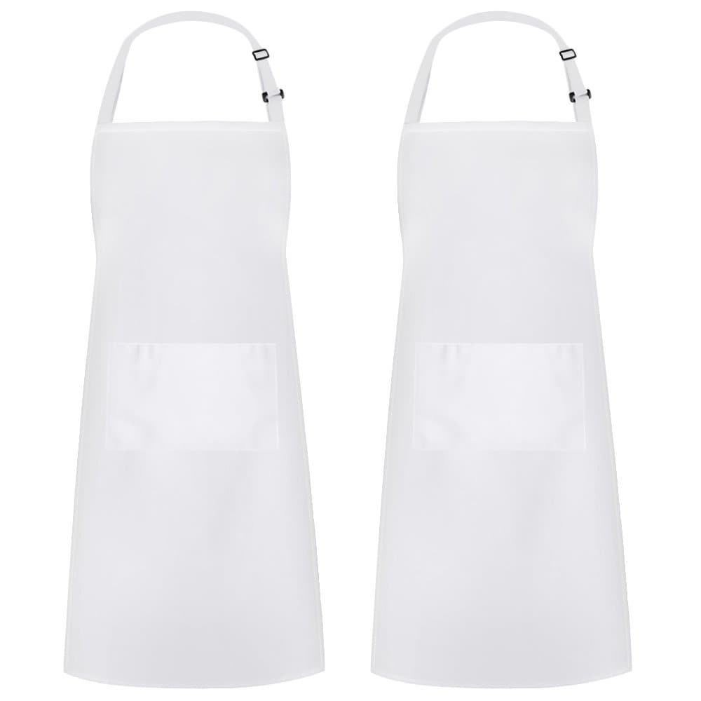 Syntus 2 Pack Adjustable Bib Apron Waterdrop Resistant with 2 Pockets Cooking Kitchen Aprons for Women Men Chef, Basic White, 26.8 × 33.1 inch