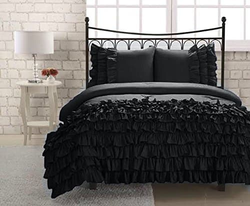 Philly Linens Super Soft 600 Thread Count 100% Egyptian Cotton Solid Black Queen Half Ruffle Duvet Set