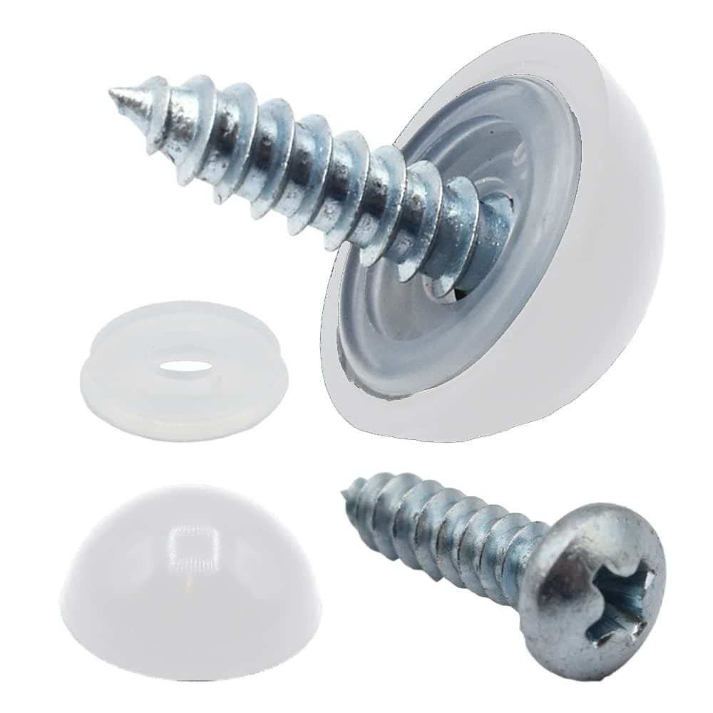 4 PACK, WHITE DOME NUMBER PLATE KIT, DOME CAP, BASE, SELF TAPPING SCREWS CAR VAN BIKE
