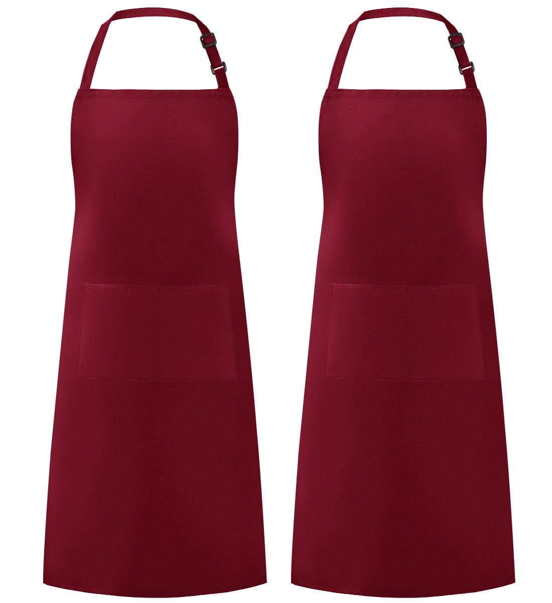 Syntus 2 Pack Adjustable Bib Apron Waterdrop Resistant with 2 Pockets Cooking Kitchen Aprons for Women Men Chef, Basic Red Dark, 26.8 × 33.1 inch