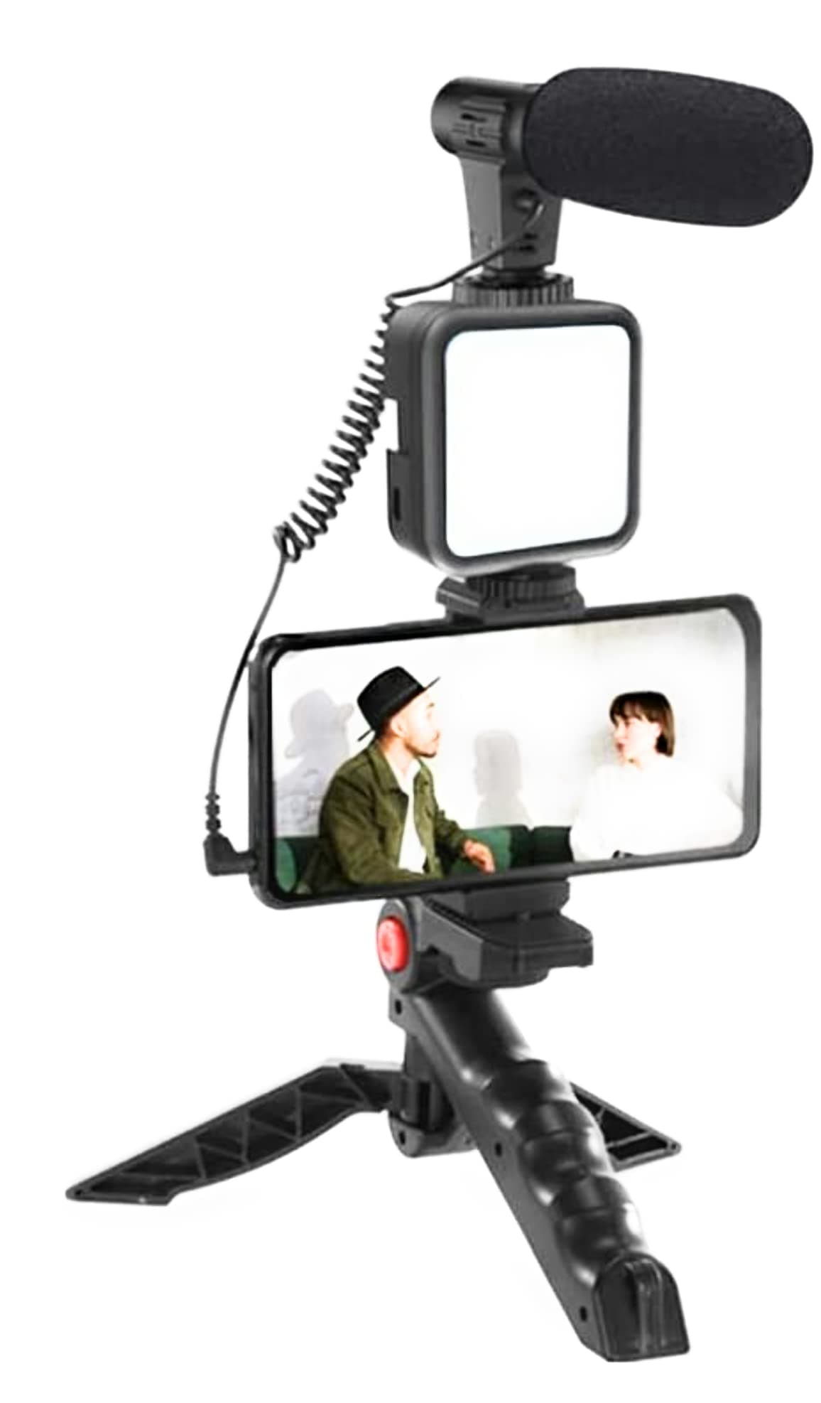 Vlogging Studio kits, Mobile Phone Holder + Hand Grip/Mini Tripod Compatible with Smartphones for TikTok, Youtube, Live Streaming and Meetings, DigiPower Vlogging"Like Me" LED Video Light + Microphone