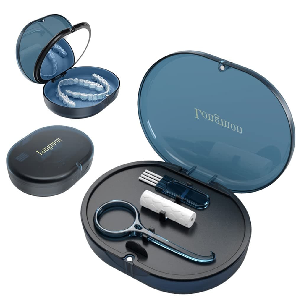 New Double-layer Retainer Storage Case with Belt Chewing,Removal Tool,Cleaning Brush,Built in Mirror Orthodontic Retainer Case
