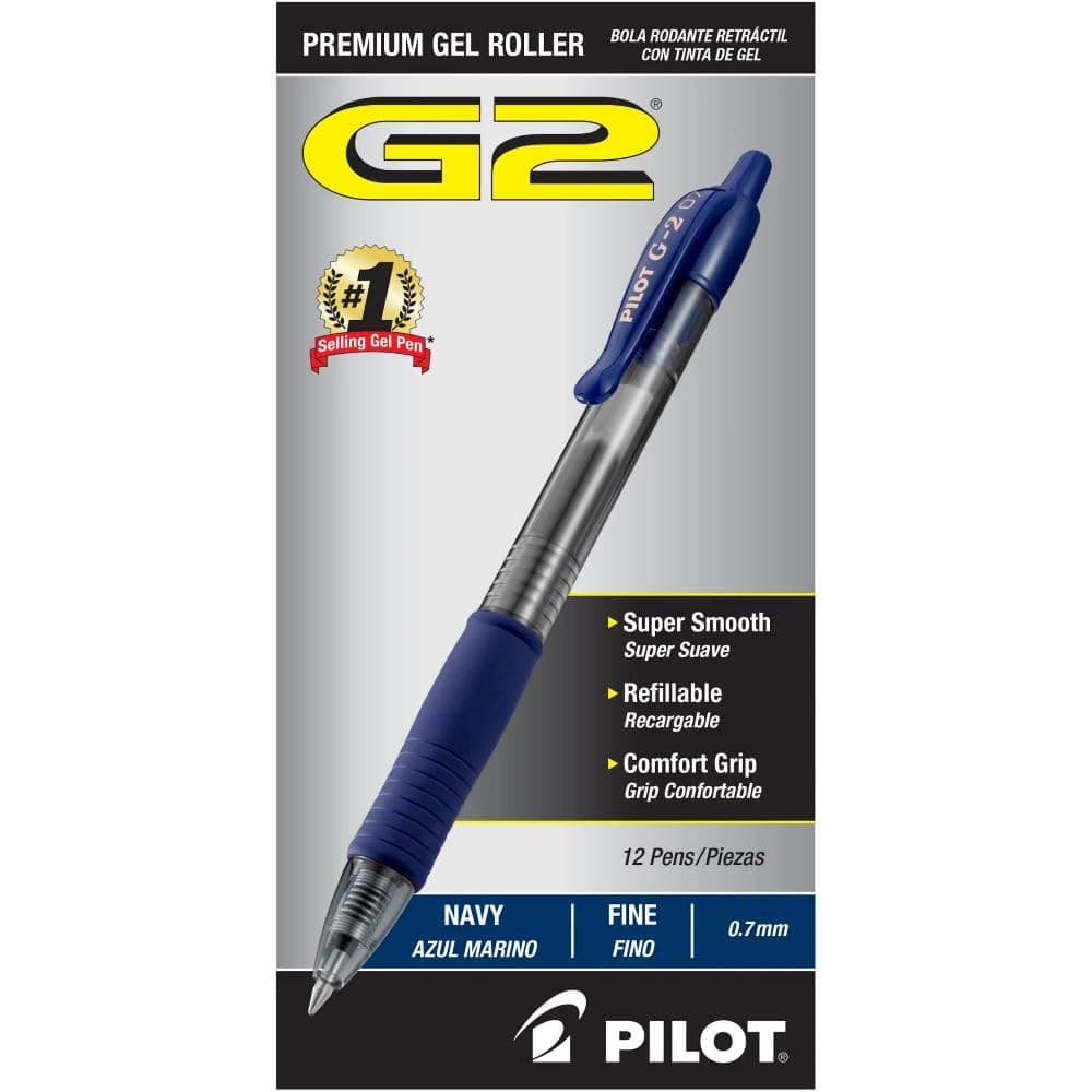 PILOT G2 Premium Refillable & Retractable Rolling Ball Gel Pens, Fine Point, Navy Blue Ink, 12-Pack (31187)