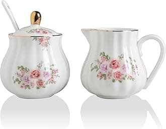 Sweejar Royal Ceramic Sugar and Creamer Set, 3 Piece Set with Cream Pitcher, Sugar Bowl, Sugar Set with Lid & Spoon, Coffee Serving Set Wedding Gift (Rose Flower)