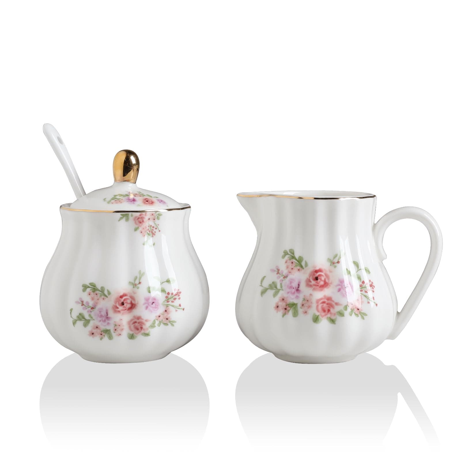 Sweejar Royal Ceramic Sugar and Creamer Set, 3 Piece Set with Cream Pitcher, Sugar Bowl, Sugar Set with Lid & Spoon, Coffee Serving Set Wedding Gift (Sugar and Creamer Set, Rose Flower)