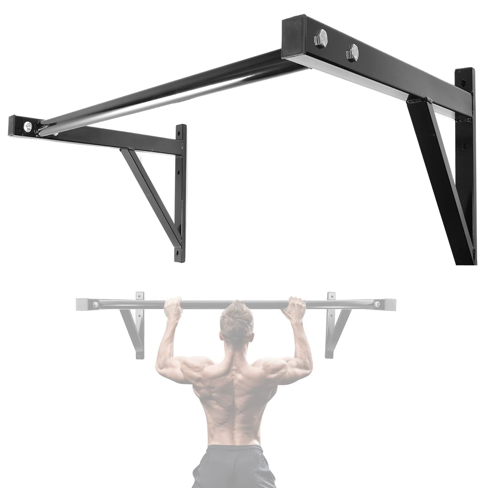 43.3” Wall Mounted Pull Up Bar Home Gym, 500lbs Maximum Weight Heavy Duty Iron Chin Up Bar Fitness Exercise Workout Station for Strength Training Equipment, Indoor Outdoor Use