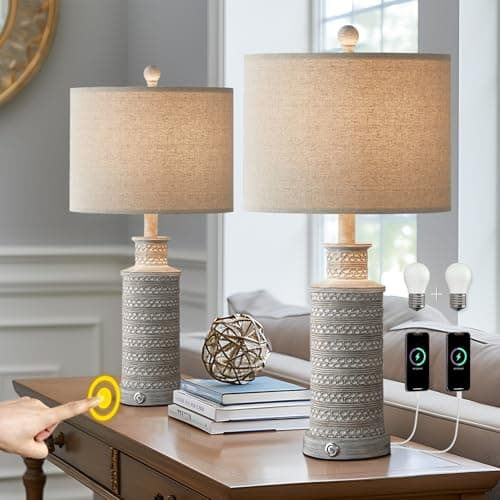 BOBOMOMO 3-Way Dimmable Touch Control Table Lamp Set of 2 with Dual USB Charging Ports for Bedroom Living Room Vintage Rustic Farmhouse Traditional Nightstand Bedside Lamps(Bulbs Included)