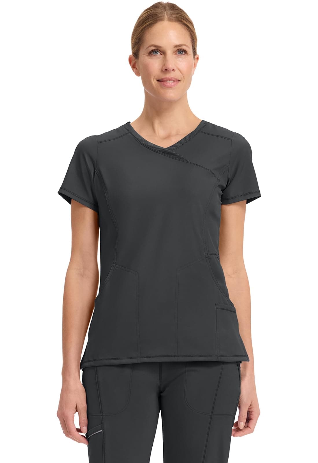 Cherokee Infinity Womens Mock Wrap Scrub Top, 4 Pockets, Rib-Knit Panel, Moisture-Wicking 360° Stretch - 2625A