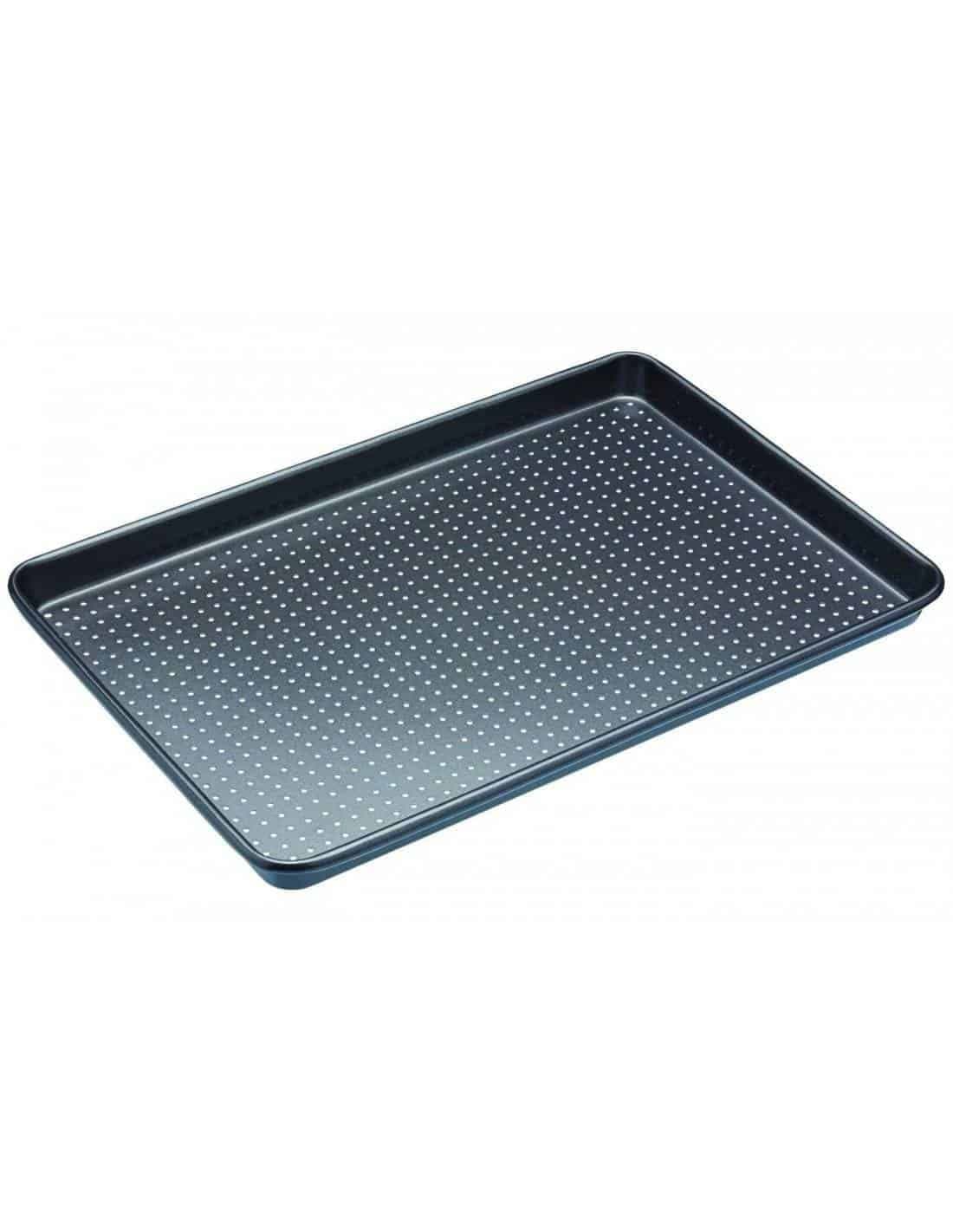 MasterClass Crusty Bake, Baking Tray with PTFE, PFOA and BPA Free Non Stick, Robust 1mm Thick Carbon Steel, Cookie Sheet, Perforated Holes for Ultimate Crisp, Ultra Double Layer, 39x27cm, Grey